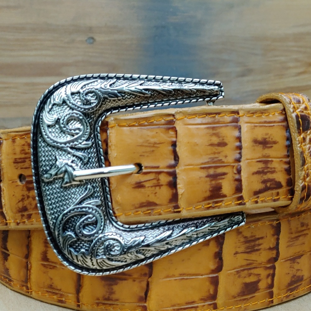 Mens Leather Belt Crocodile Belly Print Cognac - Picture 4 of 7